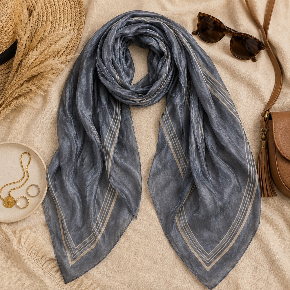 Cacharel for Glentex Vintage Silk Scarf Slate Blue Striped Border Made in Japan